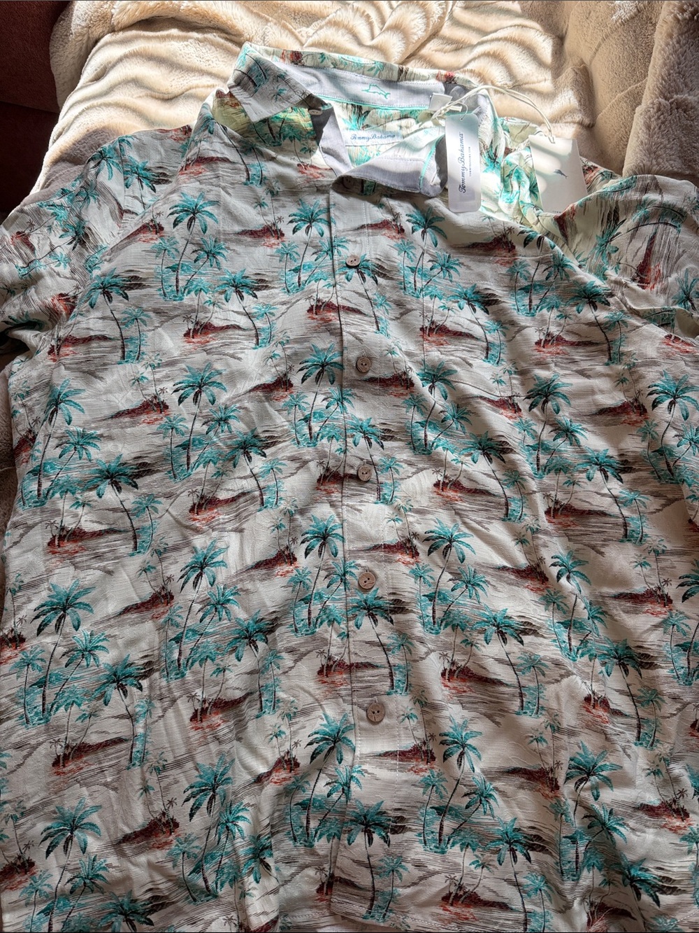 Tommy Bahama Palm-Print Camp Shirt in Teal, Cream & Brown